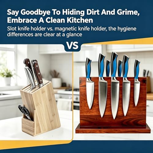 Magnetic Knife Blockr- Acacia Wood Strong Magnetic Knife Holder, Secure Knife Storage Organizer | Chef Tools & Space Saving for Kitchen Knives (brown)