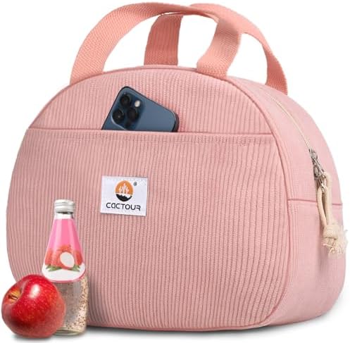 CaCTOUR Lunch Box Lunch Bag for Women Girls Teens, Cute Lunch Box Cooler Bag, Portable Small Insulated LunchBox Reusable Corduroy Lunch Tote for Work/Travel/Picnic/School(Pink)