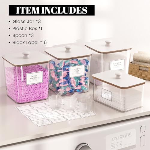 HomePekite Laundry Pods Storage Container, Clear Acrylic Laundry Room Organization and Storage ,Detergent Powder Container,with Wooden Lids & Labels, 3+1 Pack（White）