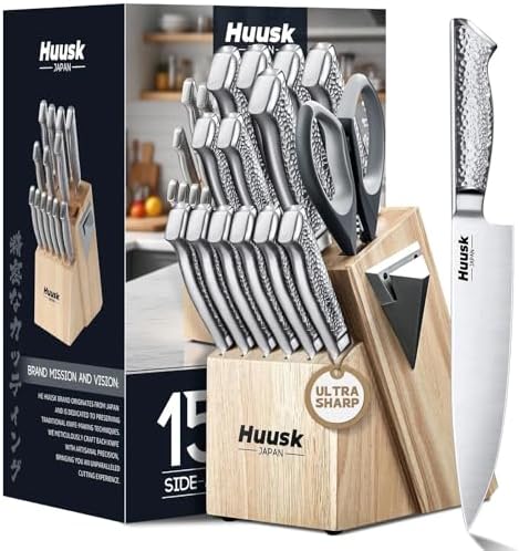 Huusk Kitchen Knife Set with Block & Built-in Sharpener - 15pcs