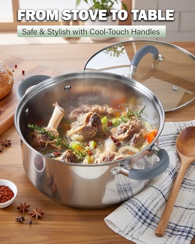 Cook N Home Basics 8 Quart Stainless Steel Stock Pot with Lid, Cooking Pot for Pasta, Soup, Stay-Cool Silicone Handle, Stockpot with Even Heating, Oven Safe, Cookware for Canning, Boiling, Simmer