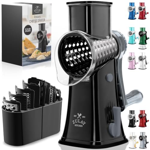 Rotary Cheese Grater Manual Hand Crank 5 Blade Shredder, Black & Gray