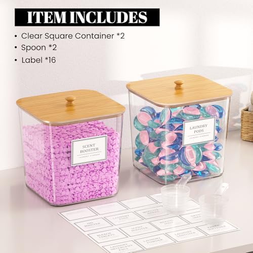 HomePekite Laundry Pods Storage Container, Clear Acrylic Laundry Room Organization and Storage ,Detergent Powder Container,with Wooden Lids & Labels, 2 Pack