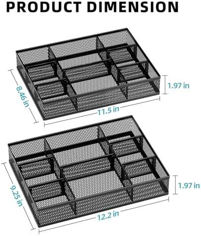 Marbrasse 2 Pack Desk Drawer Organizer, Mesh Drawer Organizer Tray with 8 Adjustable Compartments, Desk Organizers and Accessories, 5 Dividers Drawer for Office Supplies, Makeup & Vanity (Black)