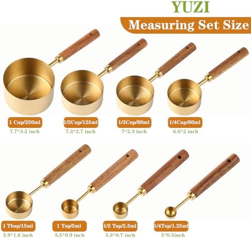 8Pcs Measuring Cups and Spoons Set - Golden Stainless Steel Measuring Cups with Wooden Handle, Metal Measuring Spoons Set Nesting Kitchen Measure Set for Kitchen/Food/Baking (8Pcs Wooden Handle)