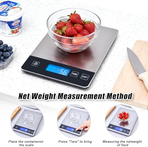 Food Kitchen Scale, 33lb Food Scale Precisely Measures Grams and Ounces for Baking and Cooking, 304 Stainless Steel Kitchen Scale for Food with LCD Display, Batteries Included