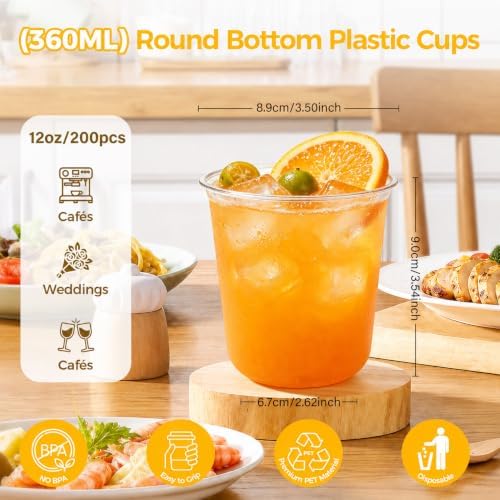 KesaPlan 200 Pcs 12oz Plastic Clear Cups, Disposable Wine Cocktail Glasses