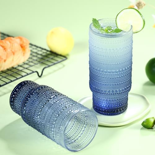 Large Capacity 16 oz Hobnail Drinking Glasses Set of 12, Vintage Glassware Drinking Glasses, Gray-blue Water Glasses Tumbler, Cups for Kitchen, Juice, Beer, Cocktail, Whiskey