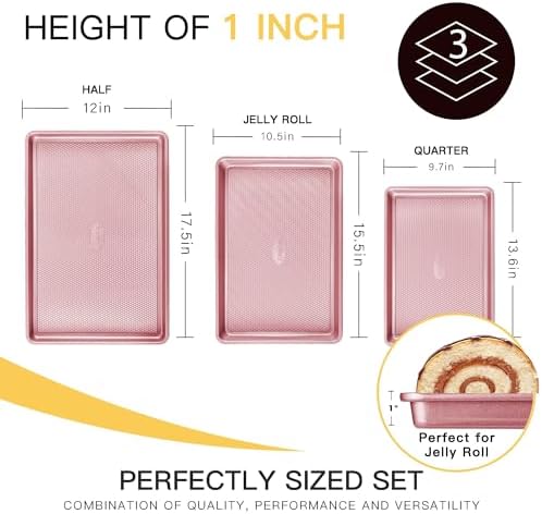 HONGBAKE Baking Sheet Pan Set, Cookie Sheets for Oven, Nonstick Half/Quarter/Jelly Roll Pans with Diamond Texture Pattern, Heavy Duty Cookie Tray, Pink