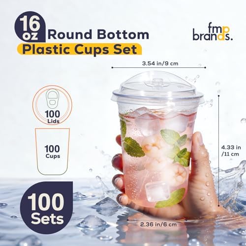 Fit Meal Prep 100 Pack 16 oz Round Bottom Clear Plastic Cups with Strawless Sip Lids, Disposable Iced coffee cups with lids, BPA-Free To Go Cups for Smoothies, Pink Drinks, Party Drinks, Cold Beverage