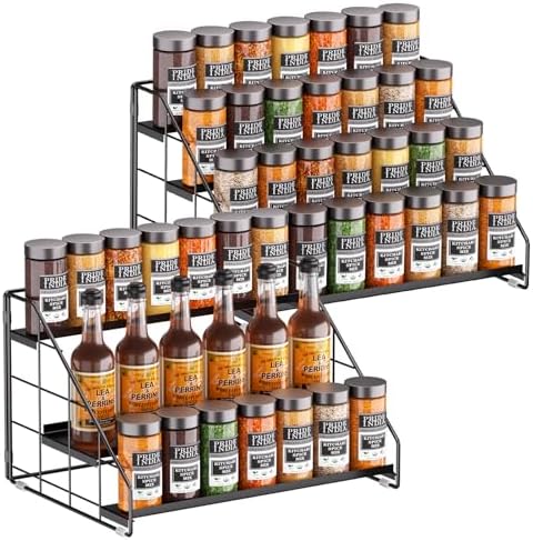 4 Tiered Spice Rack Organizer, 2 Pack Spice Rack Organizer for Cabinet, Tiered Adjustable Spice Shelf for Kitchen Countertop Pantry Organization (Carbon Black)