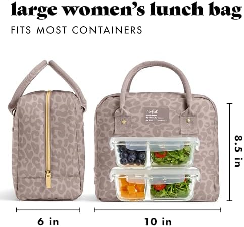 Fit & Fresh Bloomington Lunch Bag for Women - Insulated Large Lunch Box for Work with Containers, Leak-Resistant, Stain-Resistant, Zipper Closure, Mocha Feline Fine