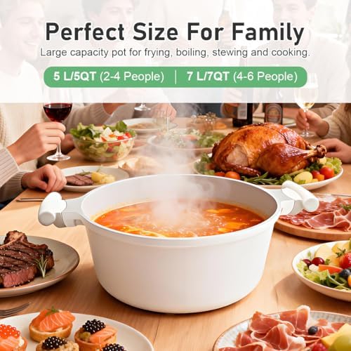 AIKENBBKK 5 Quart Stock Pot with Lid, Non Stick Cooking Pot, Ceramic Soup Pot Nonstick, White