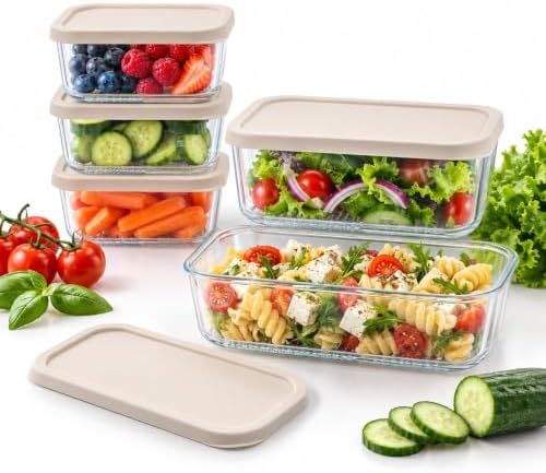 Glass Food Storage Containers with Lids - 10 Piece - 3 x 25.4 oz & 2 x 57.5 oz Glass with BPA-Free Leak Resistant Stackable Lids - Microwave, Oven & Dishwasher Safe - Ideal for Meal - Vanilla Mist