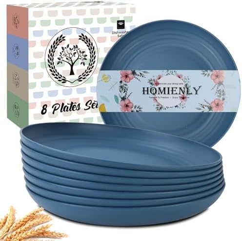Homienly Unbreakable 8 Pcs Deep Dinner Plates Reusable Plastic Wheat Straw Plates Set Lightweight Kitchen Plates for Salad, Lunch, Dessert, Microwave & Dishwasher Safe Plates for Camping (Blue, 9 In)