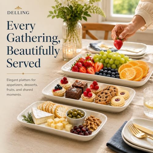 DELLING Large Serving Platter Set of 3, 16/14/12 Inch Porcelain Serving Trays for Party - White Ceramic Rectangular Platters for Entertaining, Appetizer Fruit Tray for Gethering Shower Dinner
