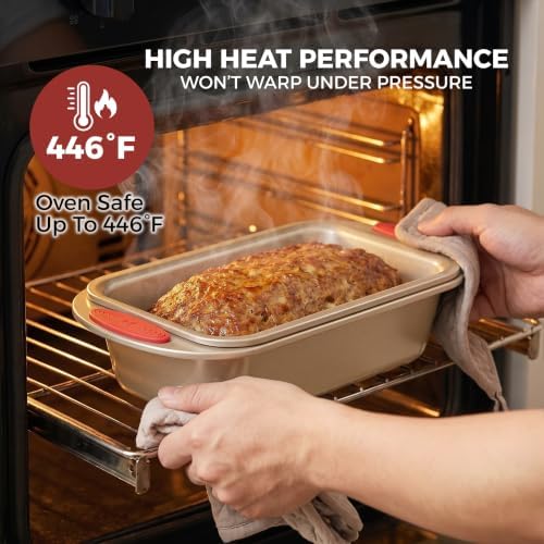 PERLLI Nonstick Meatloaf Pan with Drain Tray, Elevated Inner Pan for Fat and Grease Removal, Easy Grip Silicone Handles, Dishwasher Safe with Heavy-Duty Carbon Steel Bakeware for Even Heating (Brown)
