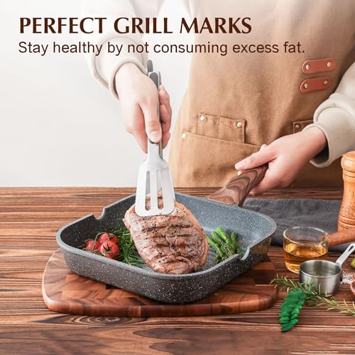 SENSARTE Nonstick Grill Pan with Lid, Grill Pan for Stove Tops, Versatile Griddle with Pour Spouts, Square Big Cooking Surface, Durable Skillet Indoor & Outdoor Grilling. PFOA Free, 12Inch