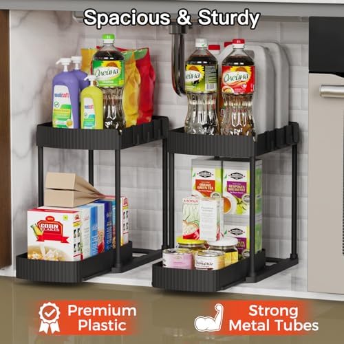2 Packs Under Sink Pull-Out Storage Organizers, 14.8 Inches, Black
