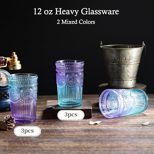 Loivttvv 6pcs Vintage Drinking Glasses Set, 12 oz Glass Cups, Embossed Ribbed Glassware Drinking Glasses for Cocktail, Water, Juice, Coffee, Whiskey
