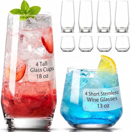 Large & Small Drinking Glasses Set of 8-4 Tall Glass Cups 18 oz & 4 Short Stemless Wine Glasses 13 oz, Highball Glasses, Glassware Sets for Cocktail, Beer, Wine, Whiskey, Water & Juice Drinkware