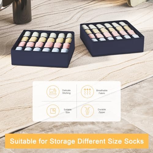 joyoldelf Sock Organizer Drawer Organizer - 2 Packs Underwear Organizer,24 Cells Collapsible Closet Organizers and Storage Sock Holders Organizers for Storing Socks, Ties, Belts(Navy Blue)