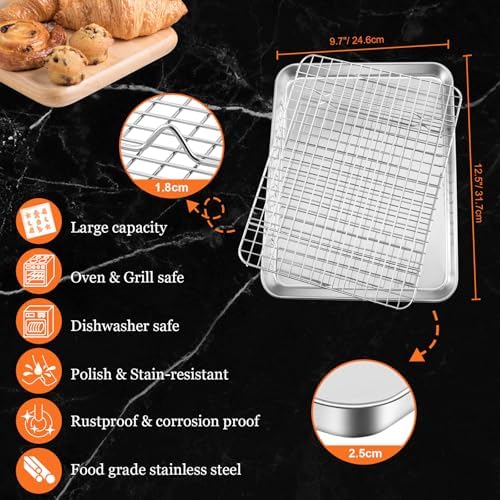 Quarter Sheet Pan with Cooling Rack, Leonyo 1/4 Cookie Sheets for Baking, Wire Rack for Cooking, Nonstick & Stainless Steel Baking Tray for Toaster Oven, Bacon - Size 12.5"x 9.7", 2 Trays + 2 Racks