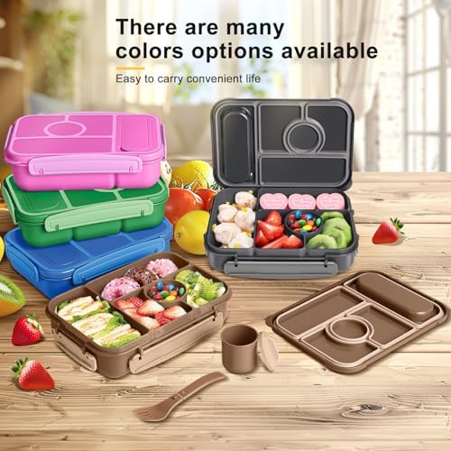 Amathley Bento Box Adult Lunch Box Kids,Lunch Containers for Adults/Kids/Toddler,5 Compartments Bento Lunch Box with Sauce Vontainers,Microwave & Dishwasher & Freezer Safe,BPA-Free (Brown)