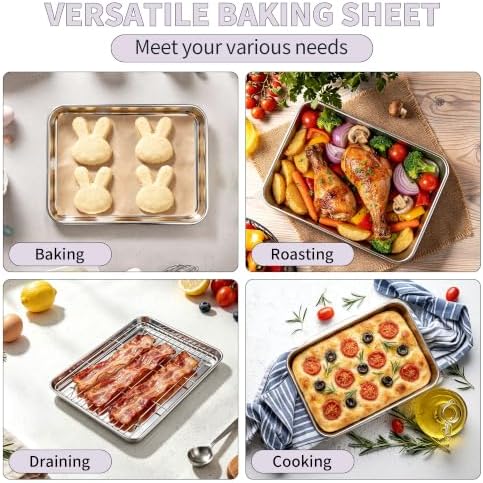 TeamFar Stainless Steel Toaster Oven Pan with Rack Set, 10.5"x 8"x 1"