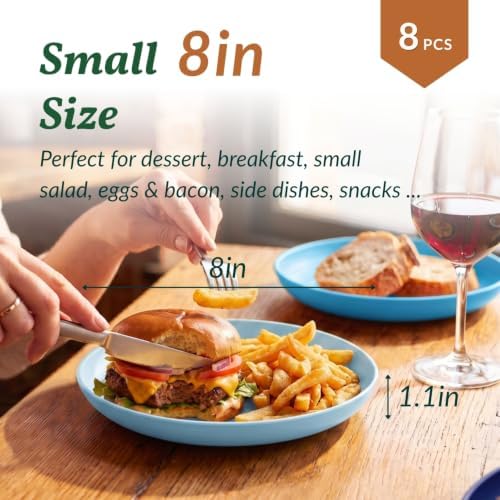 Homienly Dessert Plates Set of 8-8 inch Plate Set Wheat Straw Plates for Kitchen Unbreakable Plate for Dessert, Appetizer,Pancakes, Microwave & Dishwasher Safe Kitchen Essentials(Blue Series)