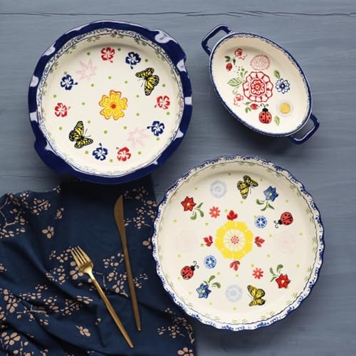 Round Baking Pan,Christmas Pie Pizza Pan, Ceramic Glaze Baking Dish for Cooking, Cake Dinner, Banquet and Daily Use