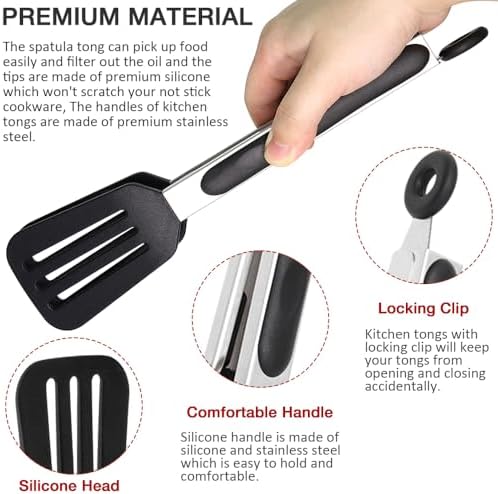 9 Inch Kitchen Tongs with Silicone Tips Set of 3(Black)