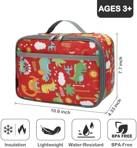 FlowFly Kids Lunch box Insulated Soft Bag Mini Cooler Back to School Thermal Meal Tote Kit for Girls, Boys,Dinosaur&Coconut