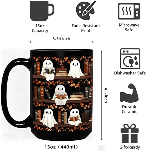 Halloween Ghost Reading Coffee Mug, Bookshelf Tea Cup, Black, 15oz