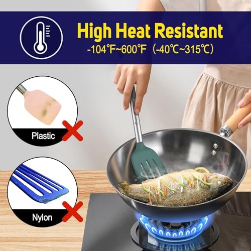 HOTEC Silicone Spatula Set of 2 Heat-Resistant 600F & BPA-Free Kitchen Spatula Turner with Stainless Steel Handles, Slotted & Solid Spatulas for Nonstick Cookware, 13.7 Inch, Sage Green