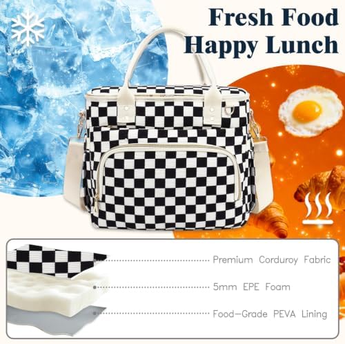 GYEUKHAM Insulated Lunch Bag for Women Men,Extra Large Lunch Box, Leakproof Reusable Cooler Tote for Adult, Everyday Soft Lunch Tote Bag for Work College Picnic Travel,C-Black Checkered