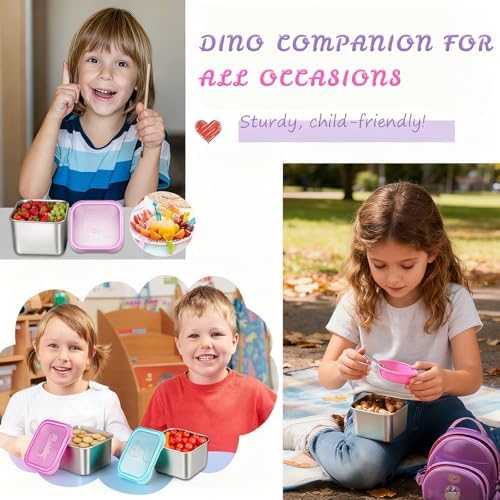 Tanjiae 6-Pack Small (6 oz) Stainless Steel Snack Containers for Kids, Easy-Open Toddler Snack Containers with Lids - Cute Dinosaur Small Stackable Metal Snack Box for Daycare, School, Travel