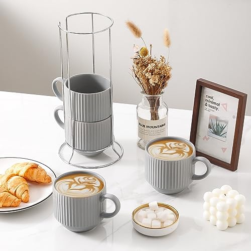 Hasense Coffee Mugs Set, Stacking Tea Cups Set of 4 with Holder - 15 oz Large Ceramic Ribbed Latte Cup Set for Cappuccino, Tea, Hot Cocoa, Drinks - Dishwasher & Microwave Safe, Grey