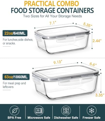 Large Glass Food Storage Containers with Lids, 4 Pack, 63oz & 22oz