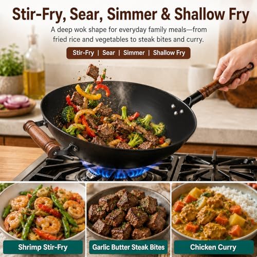 WANGYUANJI 14.2 Inch Cast Iron Wok with Wooden Lid & Handle, Flat Bottom Stir Fry Wok Pan, Turtle-Pattern Textured Uncoated Large Wok Skillet for Induction, Gas & Electric (Seasoning Required)