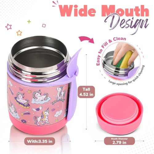 10oz Soup Thermo for Hot Food Kids,Lunch Thermo Kids Food Jar with Spoon Hot Insulated Food Containers,Leak Proof Stainless Steel Wide Mouth Lunch Thermo Jar for School(Pink-Unique Horse)