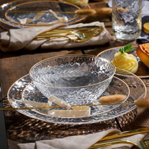 R-kay 100 Pack 7 Inch Clear Plastic Plates - Hammered Gold Rimmed Sturdy, Durable And Extra Heavy duty Gold Plastic Dessert, Appetizer Plates Disposable For All Occasions