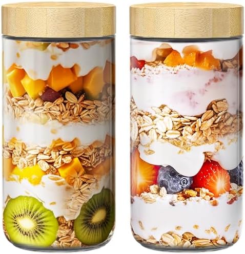 24 oz Glass Overnight Oats Containers, Mason Jars with Bamboo Lids, 2 Pack