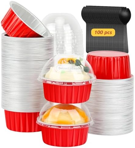 LNYZQUS 5oz Cupcake Tins with Dome Lids 100 Pack, Foil Dot Cake Cups