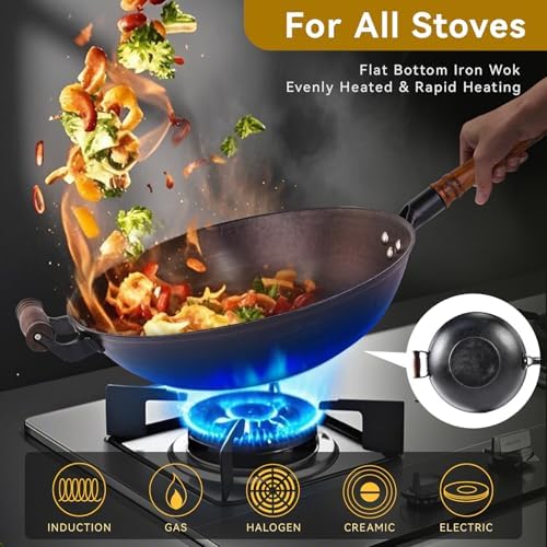 WANGYUANJI 12.6" Cast Iron Wok with Glass Lid, Flat Bottom