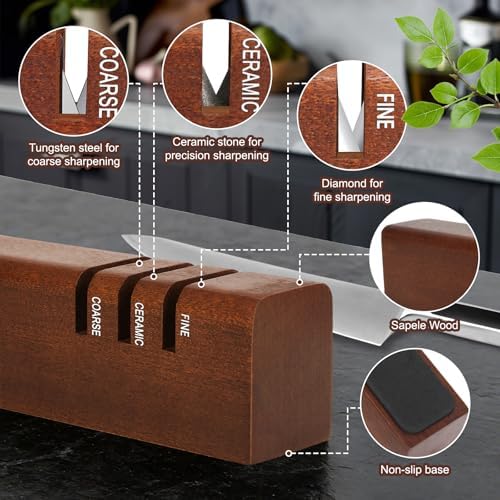 3-Stage Knife Sharpener, Carborundum+Ceramic+Tungsten Steel, 8.3"x1.6"x2" Professional Chef & Pocket Knife Sharpener with Premium Cleaning Cloth, Non-Slip Base, Universal for Kitchen/Outdoor Knives