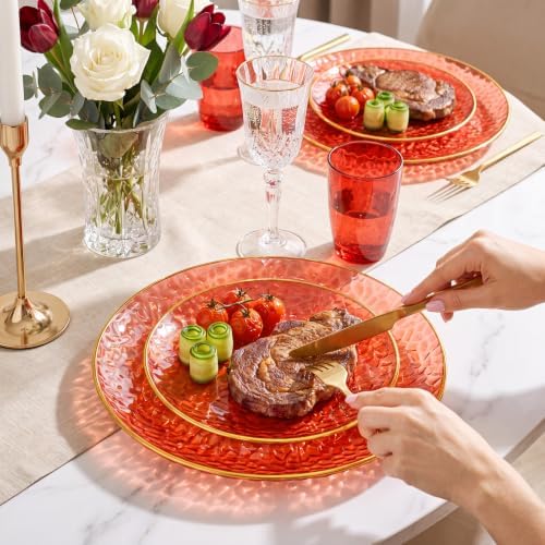 Rubtlamp 60 Pcs Red Plasitc Plates, Gold Red Disposable Plates, Fancy Party Plates, Hammered Plastic plates Include 30 Dessert Platos, 30 Dinner Platos for Party