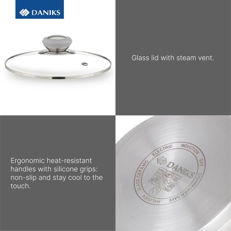 Daniks Modern 7 Quart Stainless Steel Stock Pot with Glass Lid, Tri-Ply Bottom for Even Heating, Induction Compatible, Dishwasher Safe, Heatproof Handles