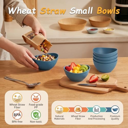 Snack Bowls Set of 6, Unbreakable Wheat Straw Bowls 10oz - Blue