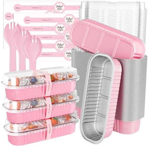 100 Pack Mini Loaf Pans with Lids and Spoons, 6.8oz Mini Cake Pans for Baking, Disposable Rectangle Aluminum Foil Small Loaf Baking Pans Cake Tins, Individual Small Cake Containers with Sticker, Pink